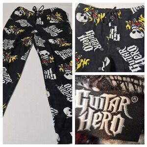 Mens Guitar Hero Black Fleece Pajama Pants Skull Flames Graphic S 30-34 waist